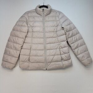 Eddie Bauer Puffer Jacket Women Medium Gray EB650 Down Quilted Full Zip Coat